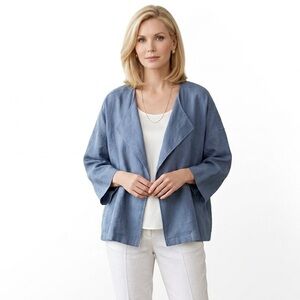 Eileen Fisher Organic Linen Jacket Open Front Relaxed Fit Blazer Oversize Pocket